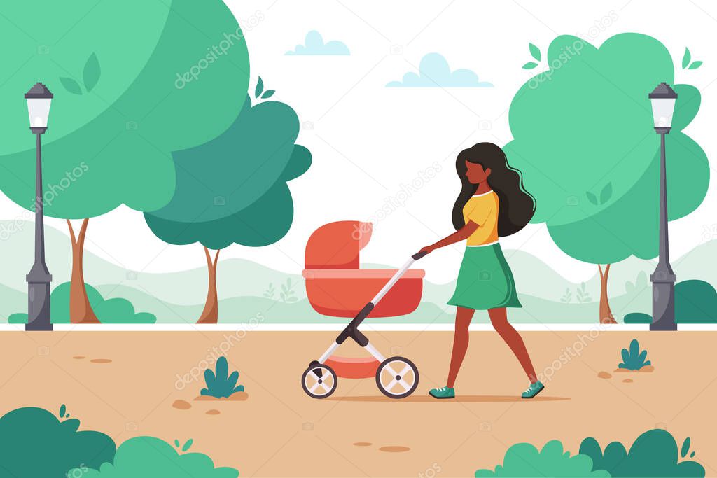 Black woman walking with baby carriage in city park. Outdoor activity. Vector illustration.