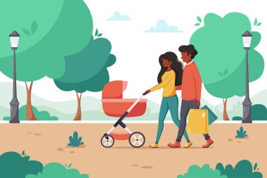 Bebek arabasıyla parkta yürüyen siyah bir aile. Açık hava aktivitesi. Vektör illüstrasyonu