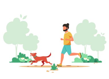 Bahar parkında köpekle koşan bir adam. Açık hava aktivitesi, köpek gezdirme. Vektör illüstrasyonu.
