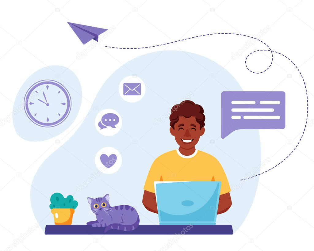 Black man working on laptop. Freelance, online studying, remote work concept. Vector illustration