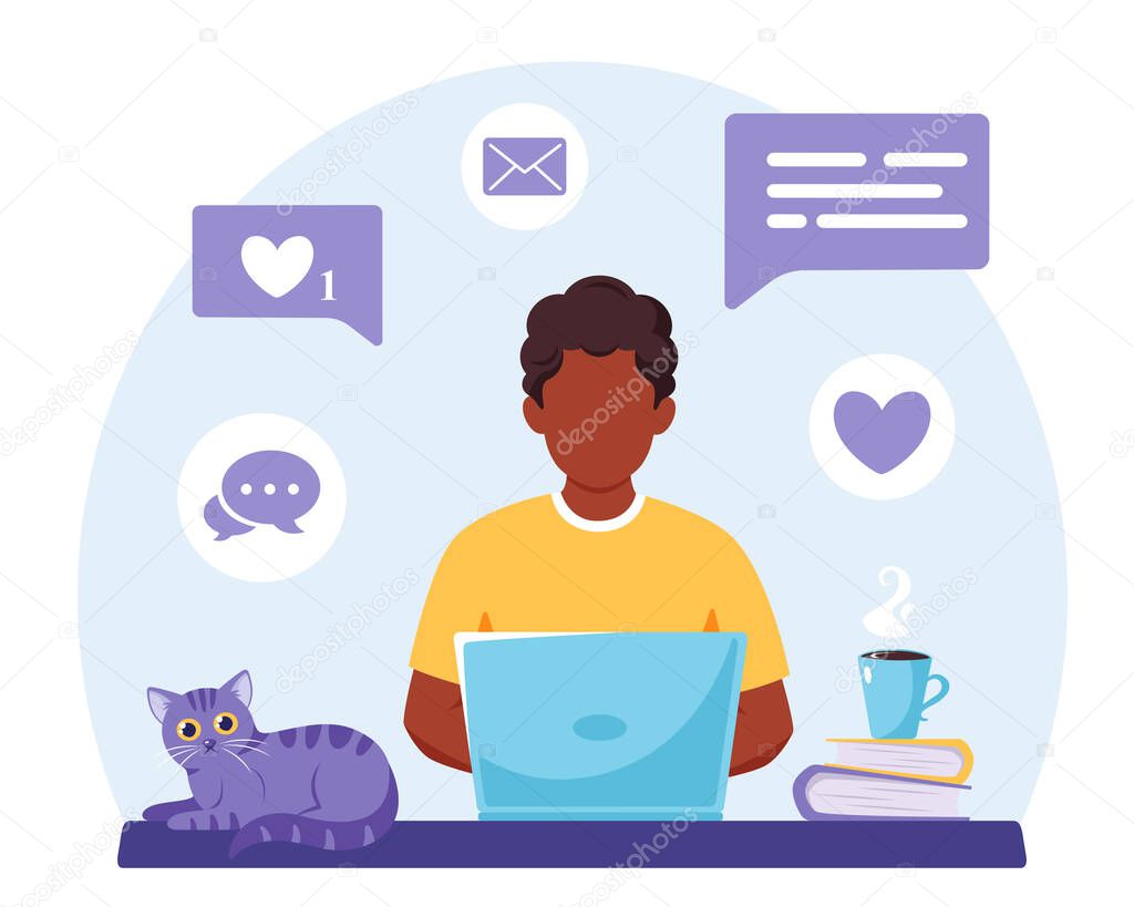 Black man working on laptop. Freelance, online studying, remote work concept. Vector illustration