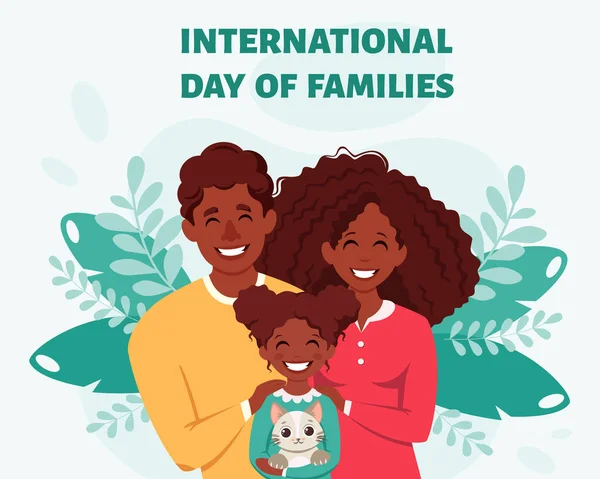 Szczęśliwa Czarna Rodzina Córką Kotem Międzynarodowy Dzień Rodzin Ilustracja Wektora — Wektor stockowy