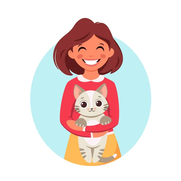 Linda Chica Sosteniendo Gato Sus Manos Chica Con Mascota Ilustración — Vector de stock