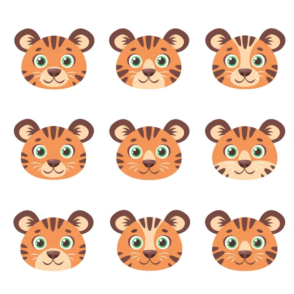 Όμορφα Πρόσωπα Τίγρεων Ριγέ Τίγρεις Έτοιμες Χρονιά Του Τίγρη Εικονογράφηση — Διανυσματικό Αρχείο