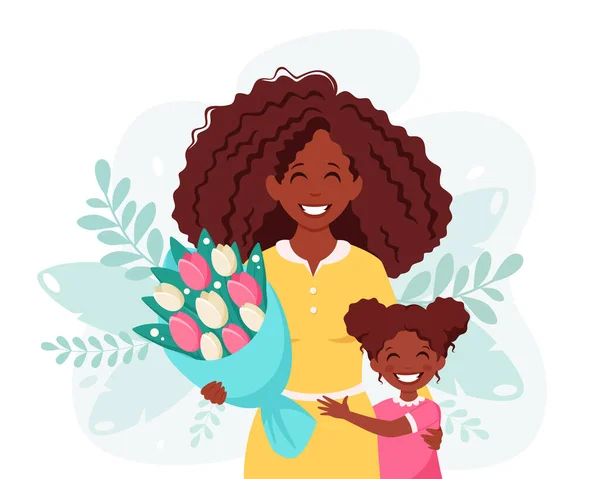 Вітальна Листівка День Матері Чорна Жінка Букетом Квітів Дочкою Векторні — стоковий вектор