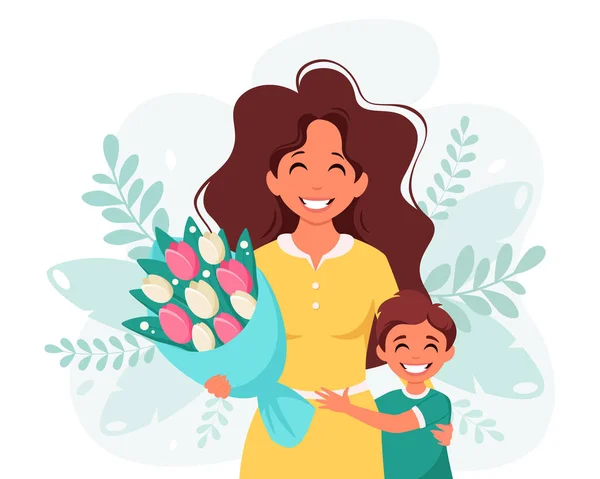 Carte Vœux Fête Des Mères Femme Avec Bouquet Fleurs Fils — Image vectorielle