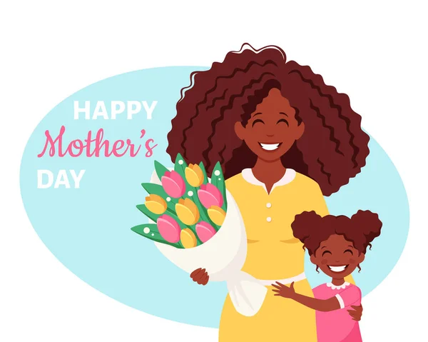 Вітальна Листівка День Матері Чорна Жінка Букетом Квітів Дочкою Векторні — стоковий вектор