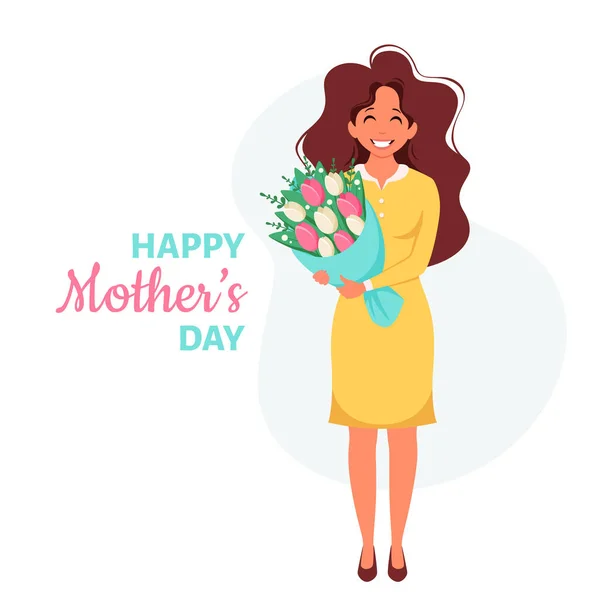 母の日の挨拶カード 花束を持つ女性 ベクターイラスト — ストックベクタ