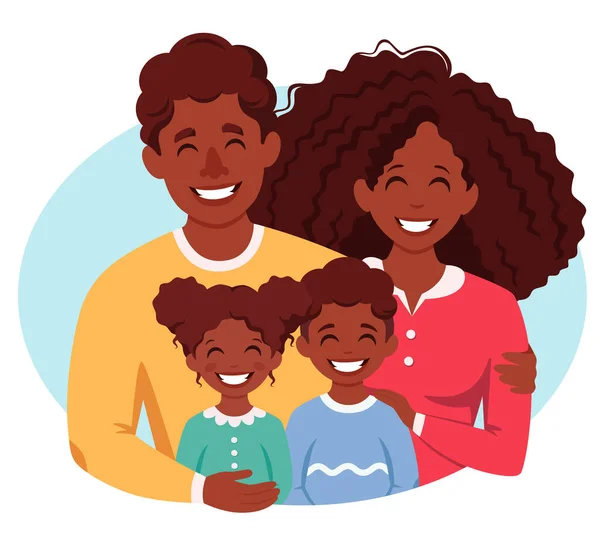 有儿女的黑人家庭 父母拥抱孩子 矢量说明 — 图库矢量图片