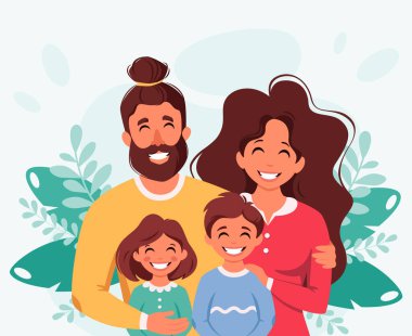 Oğlu ve kızı olan mutlu bir aile. Ebeveynler çocukları kucaklıyor. Vektör illüstrasyonu