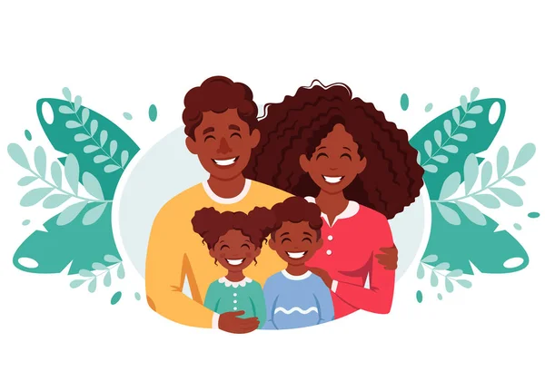 Familia Negra Con Hijo Hija Padres Abrazando Niños Ilustración Vectorial — Vector de stock