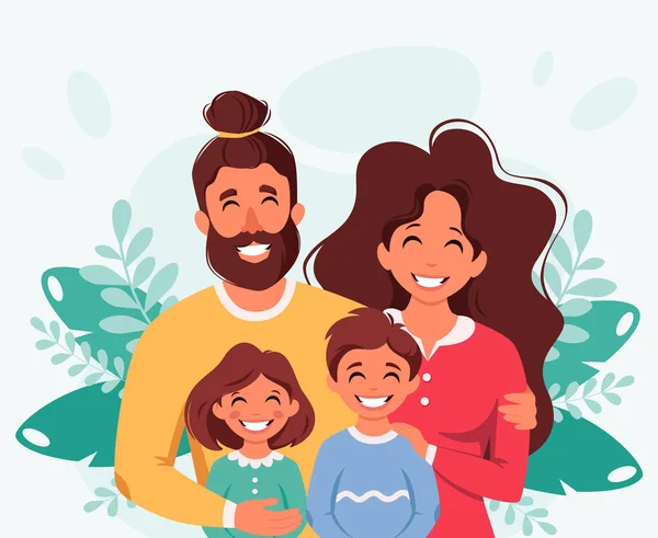 Lycklig Familj Med Son Och Dotter Föräldrar Kramar Barn Vektorillustration — Stock vektor