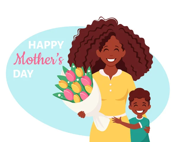 母の日の挨拶カード 花と息子の花束を持つ黒人女性 ベクターイラスト — ストックベクタ
