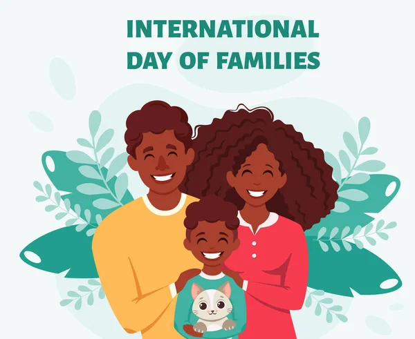 Schwarze Familie Mit Sohn Und Katze Eltern Umarmen Kind Internationaler — Stockvektor