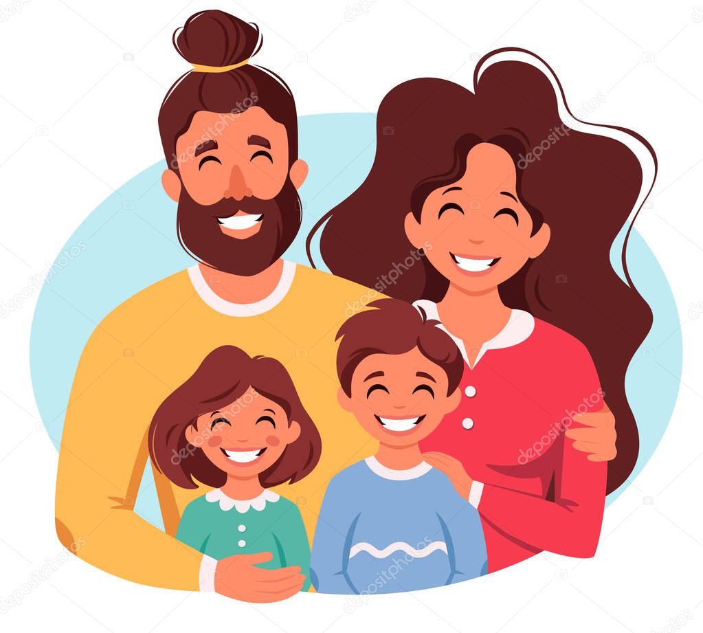 Happy family with son and daughter. Parents hugging children. Vector illustration