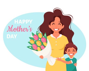 Anneler günü tebrik kartı. Çiçek buketi ve oğlu olan bir kadın. Vektör illüstrasyonu