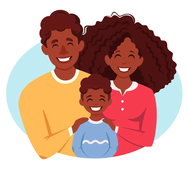 Familia Negra Con Hijo Padres Abrazando Hijo Ilustración Vectorial — Archivo Imágenes Vectoriales