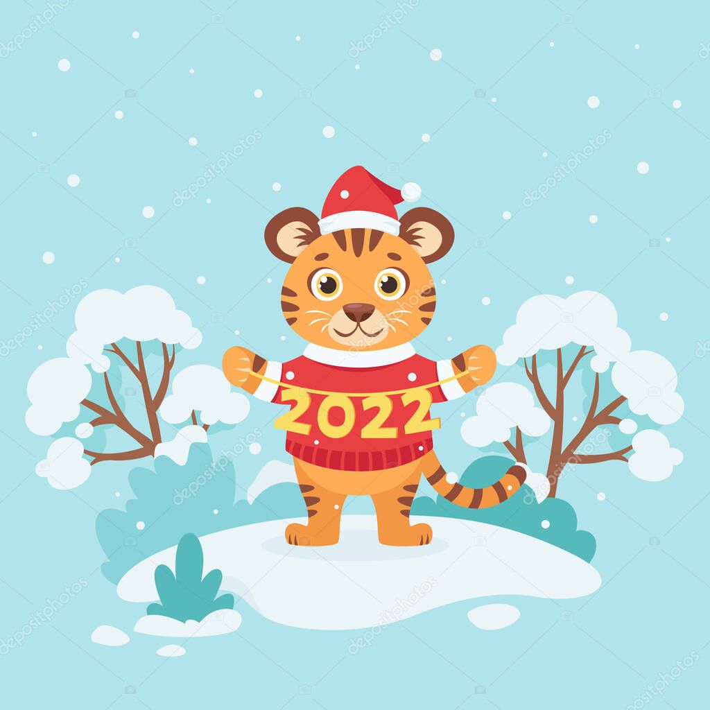 Cute tiger in a sweater wishes a Merry Christmas and Happy New Year 2022 on winter background. Year of the tiger. Vector illustration