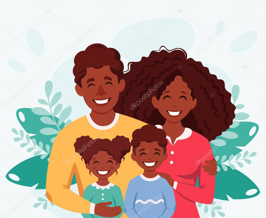 Happy black family with son and daughter. Parents hugging children. Vector illustration