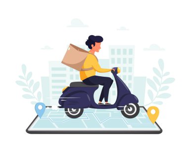 Teslimat hizmeti konsepti. Şehir arka planında internet takibi olan akıllı telefondan motosiklet süren kurye karakter. Vektör illüstrasyonu