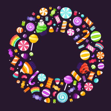 Cadılar Bayramı tatlıları ve şekerler yuvarlak çerçeve. Mutlu Cadılar Bayramı. Düz biçimli vektör illüstrasyonu.