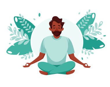 Siyahi adam nilüfer çiçeği pozunda meditasyon yapıyor. Sağlıklı yaşam tarzı, yoga, meditasyon, eğlence konsepti. Vektör illüstrasyonu