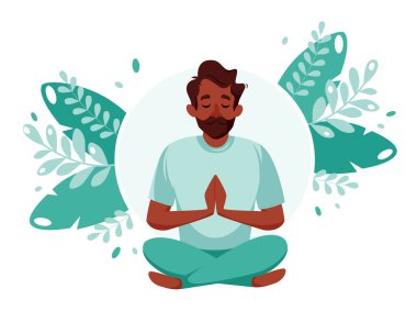 Siyahi adam nilüfer çiçeği pozunda meditasyon yapıyor. Sağlıklı yaşam tarzı, yoga, meditasyon, eğlence konsepti. Vektör illüstrasyonu