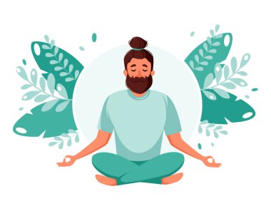 Lotus pozunda meditasyon yapan bir adam. Sağlıklı yaşam tarzı, yoga, meditasyon, eğlence konsepti. Vektör illüstrasyonu