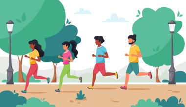 Parkta koşan insanlar. Sağlıklı yaşam tarzı, spor, egzersizler, açık hava aktiviteleri. Vektör illüstrasyonu
