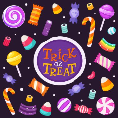 Şeker mi şaka mı? Cadılar bayramı tatlıları ve şekerlemeleri. Düz biçimli vektör illüstrasyonu.