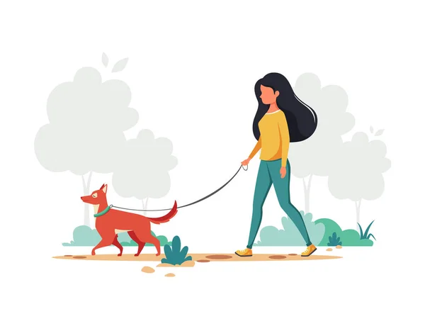 Mujer Paseando Con Perro Concepto Actividad Aire Libre Ilustración Vectorial — Vector de stock