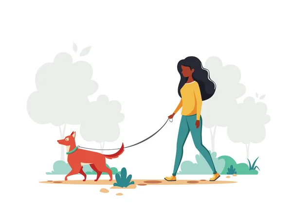 Mujer Negra Paseando Con Perro Parque Concepto Actividad Aire Libre — Vector de stock