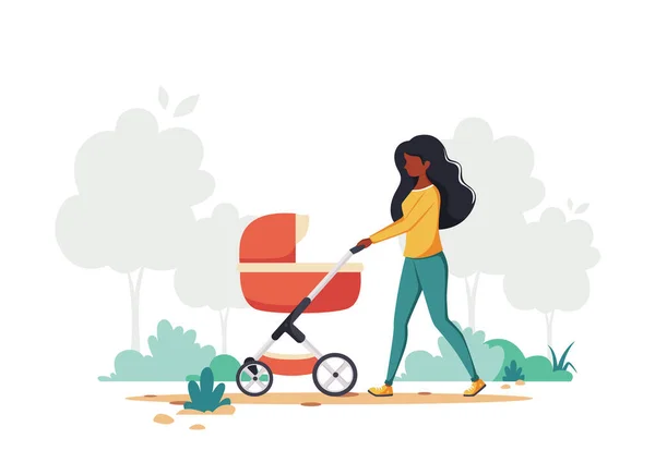 Mujer Negra Caminando Con Carro Bebé Actividad Aire Libre Ilustración — Vector de stock