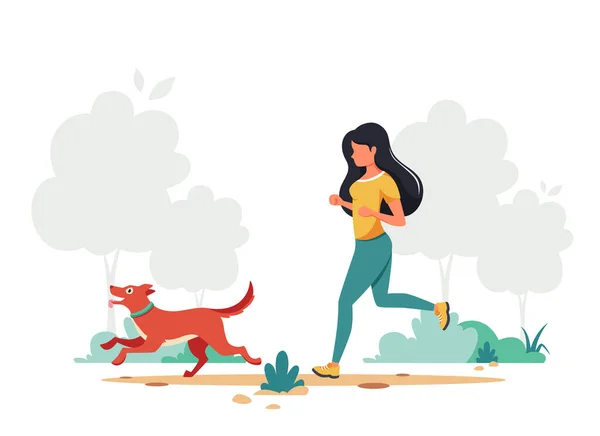 Жінка Біжить Собакою Активність Відкритому Повітрі Векторні Ілюстрації — стоковий вектор