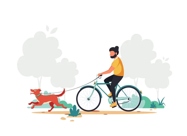Homem Andar Bicicleta Com Cão Estilo Vida Saudável Conceito Atividade —  Vetores de Stock