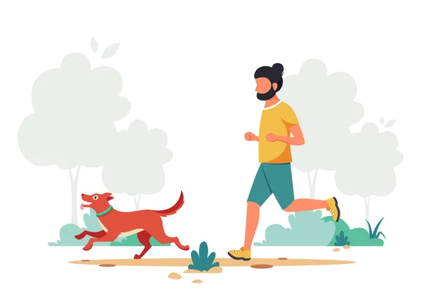 Hombre Corriendo Con Perro Actividad Aire Libre Ilustración Vectorial — Vector de stock