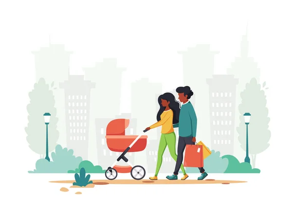 Familia Negra Con Carro Bebé Caminando Por Parque Actividad Aire — Vector de stock