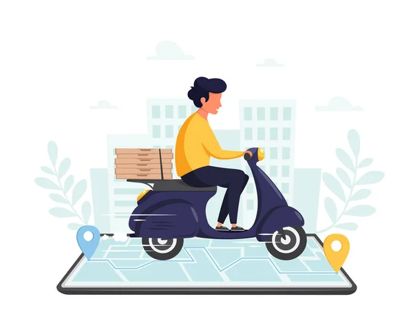 Pizza Delivery Service Courier Character Riding Motorbike Smartphone Online Tracking — Stock Vector