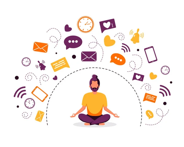 Bilgi arındırma ve meditasyon. Lotus pozunda meditasyon yapan bir adam. Dijital detoks konsepti. Vektör illüstrasyonu.
