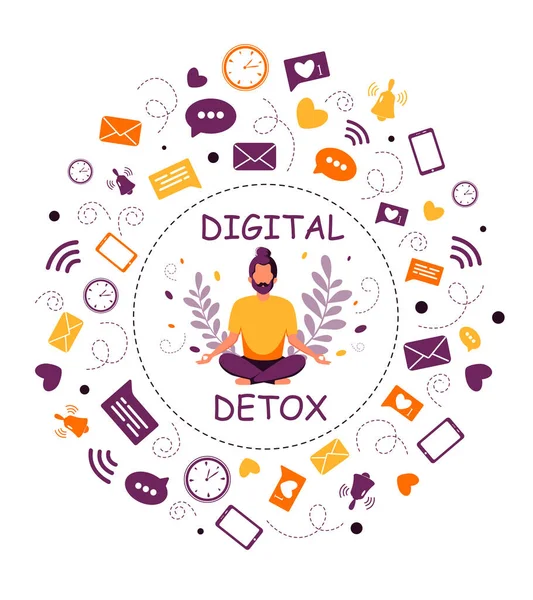 Informační Detox Meditace Muž Meditující Lotosové Póze Digitální Detoxikační Koncept — Stockový vektor