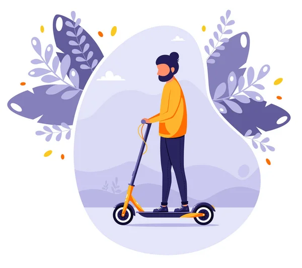 Man Riding Electric Kick Scooter Modern Eco Transport Vector Illustration — Stock Vector