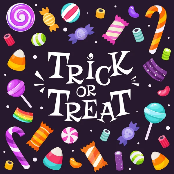 Trucs Friandises Ensemble Bonbons Halloween Bonbons Illustration Vectorielle Style Plat — Image vectorielle