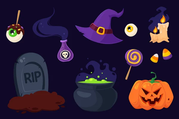 Happy Halloween Set Halloween Symbols Pot Witch Hat Potion Sweets — Stock Vector