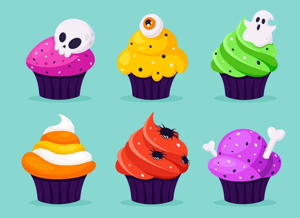 Glad Halloween Läskiga Muffins Med Öga Spindel Spöke Vektorillustration Platt — Stock vektor