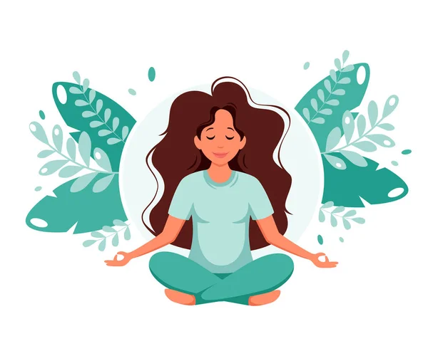 Mujer Meditando Pose Loto Vida Sana Yoga Meditación Concepto Recreación — Archivo Imágenes Vectoriales