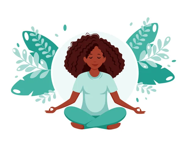 Black woman meditating in lotus pose. Healthy lifestyle, yoga, meditation, recreation concept. Vector illustration