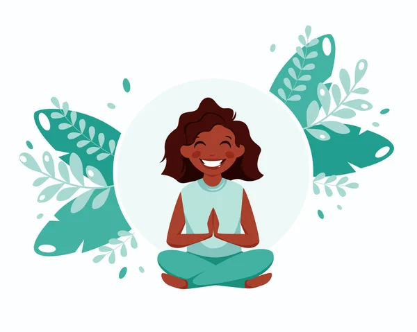 Chica Negra Meditando Pose Loto Estilo Vida Saludable Meditación Para — Archivo Imágenes Vectoriales