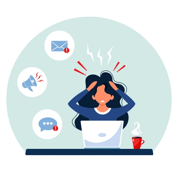 Şok olmuş ve şaşırmış bir kadın. Şok içeriği, sahte haberler. İnternet haberleri. Düz biçimli vektör illüstrasyonu.