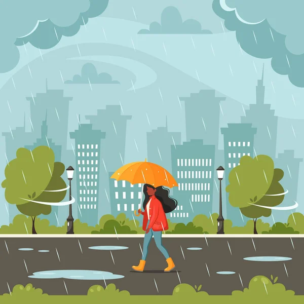 Black Woman Walking Umbrella Rain Fall Rain Autumn Outdoor Activities — Stock Vector