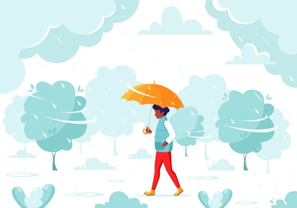 Siyah Adam Yağmur Sırasında Şemsiye Altında Yürüyor Sonbahar Yağmuru Sonbahar — Stok Vektör